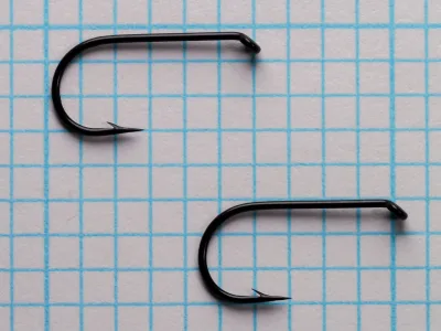 Two black size 10 hooks lying flat on a blue grid, each with a ring eye, straight shank, round bend and barbed point.