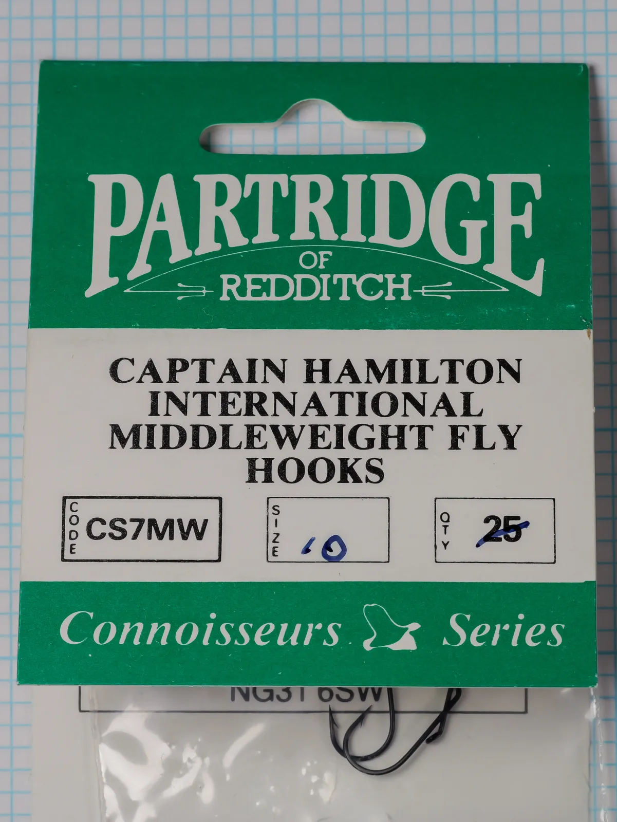 Front of a Partridge CS7MW card packet: green header with the Partridge of Redditch logo, a cream title band, CODE, SIZE and QTY boxes, and a Connoisseurs Series band.