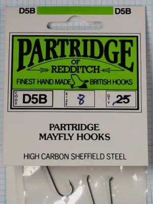 Partridge D5B Mayfly Hook — front card label with bright green header — size 8 — 25 hooks per package