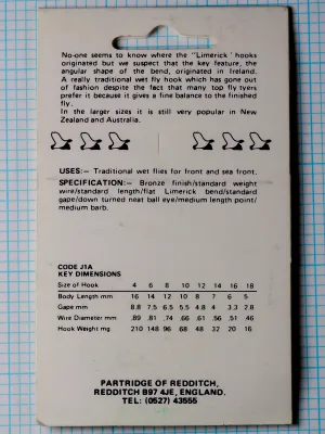 Partridge J1A — packaging back panel — size 12 — product information, specification table, manufacturer details