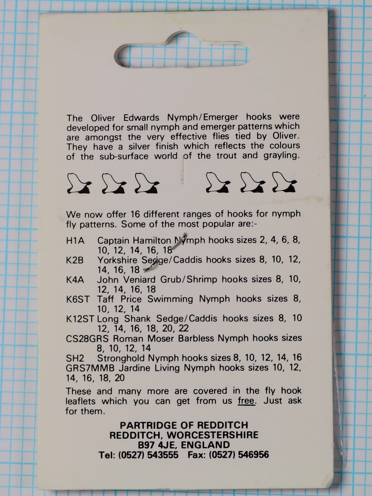 Partridge K14ST Size 16 — packaging verso showing Oliver Edwards product description and 16-hook catalog listing