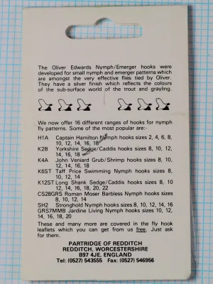 Partridge K14ST Size 16 — packaging verso showing Oliver Edwards product description and 16-hook catalog listing