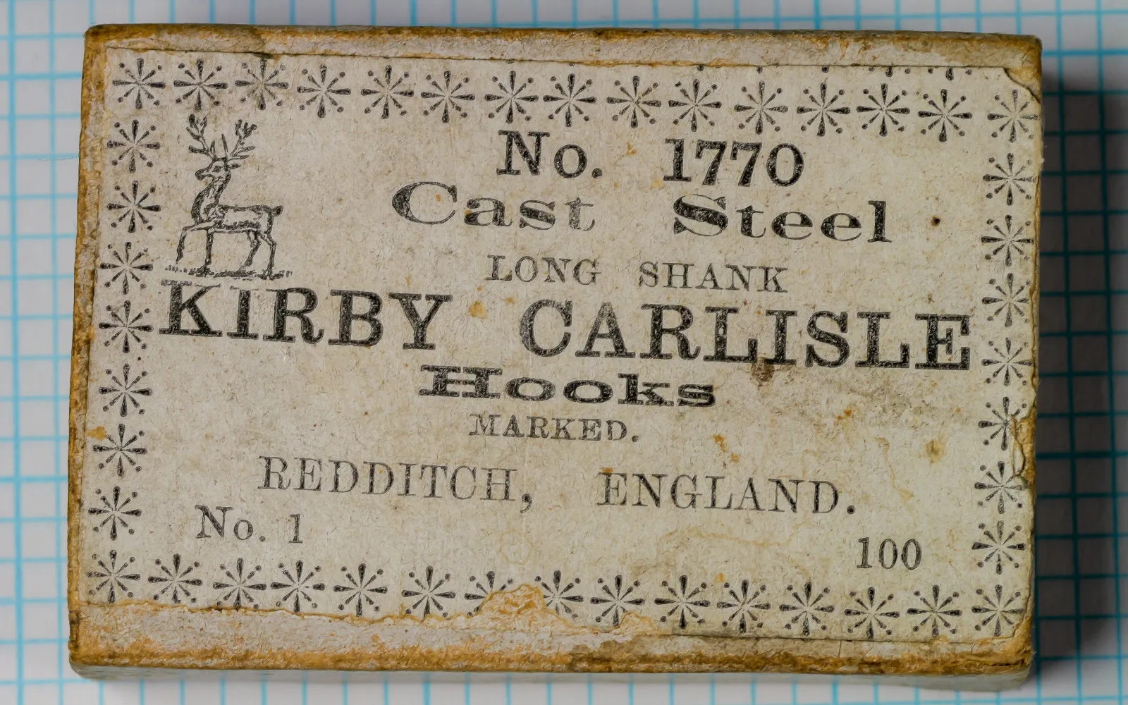 S. Allcock No. 1770 Kirby Carlisle box label and original packaging — front cover showing stag trademark, letterpress printing, and hook specifications — Size No. 1 — 100-count box