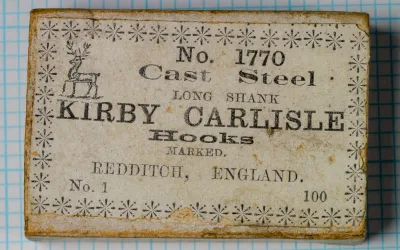 S. Allcock No. 1770 Kirby Carlisle box label and original packaging — front cover showing stag trademark, letterpress printing, and hook specifications — Size No. 1 — 100-count box
