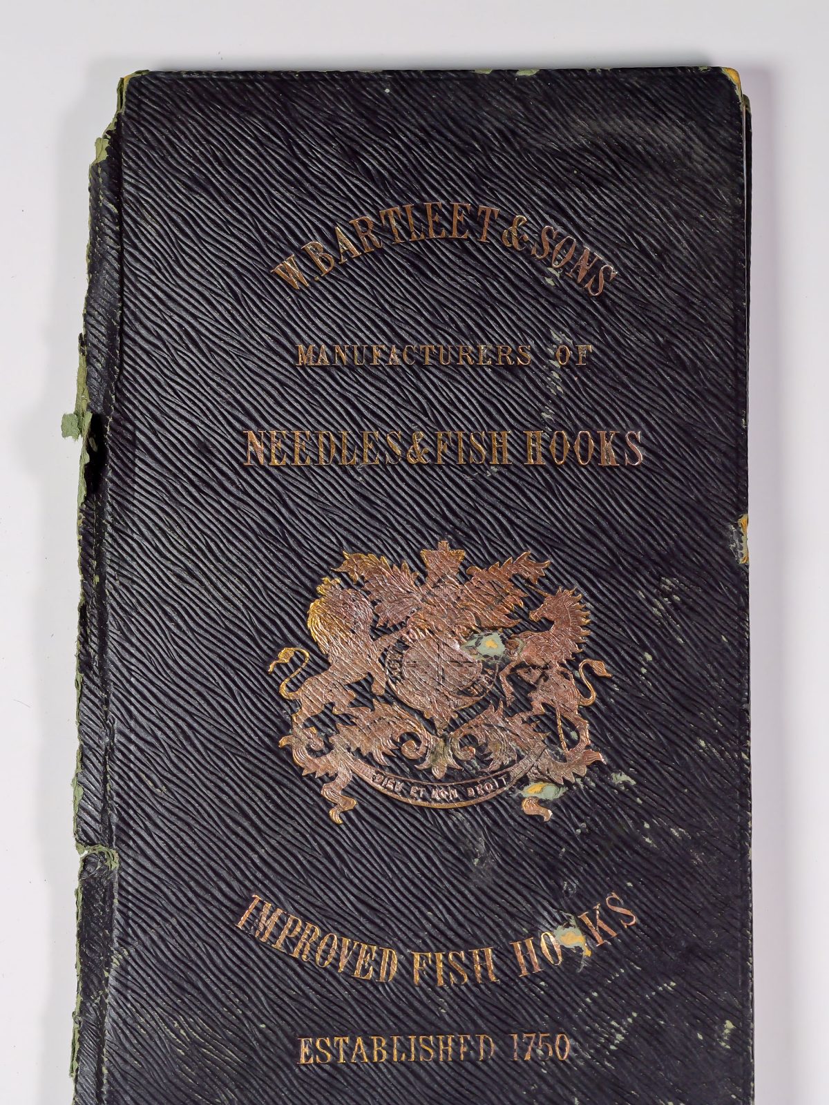 Bartleet card cover — full front showing title 'Manufacturers of Needles and Fly Hooks' and establishment date 1750