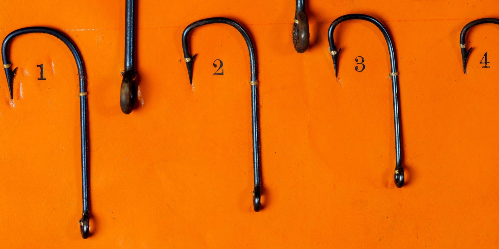 Kendal Sneck hooks sizes 1 through 4 — four-hook group showing eye, bend, and shank proportions across small to medium sizes