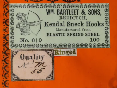 Printed label detail — 'WM. Bartleet & Sons Redditch Kendal Sneck Hooks' with archer logo and material specification