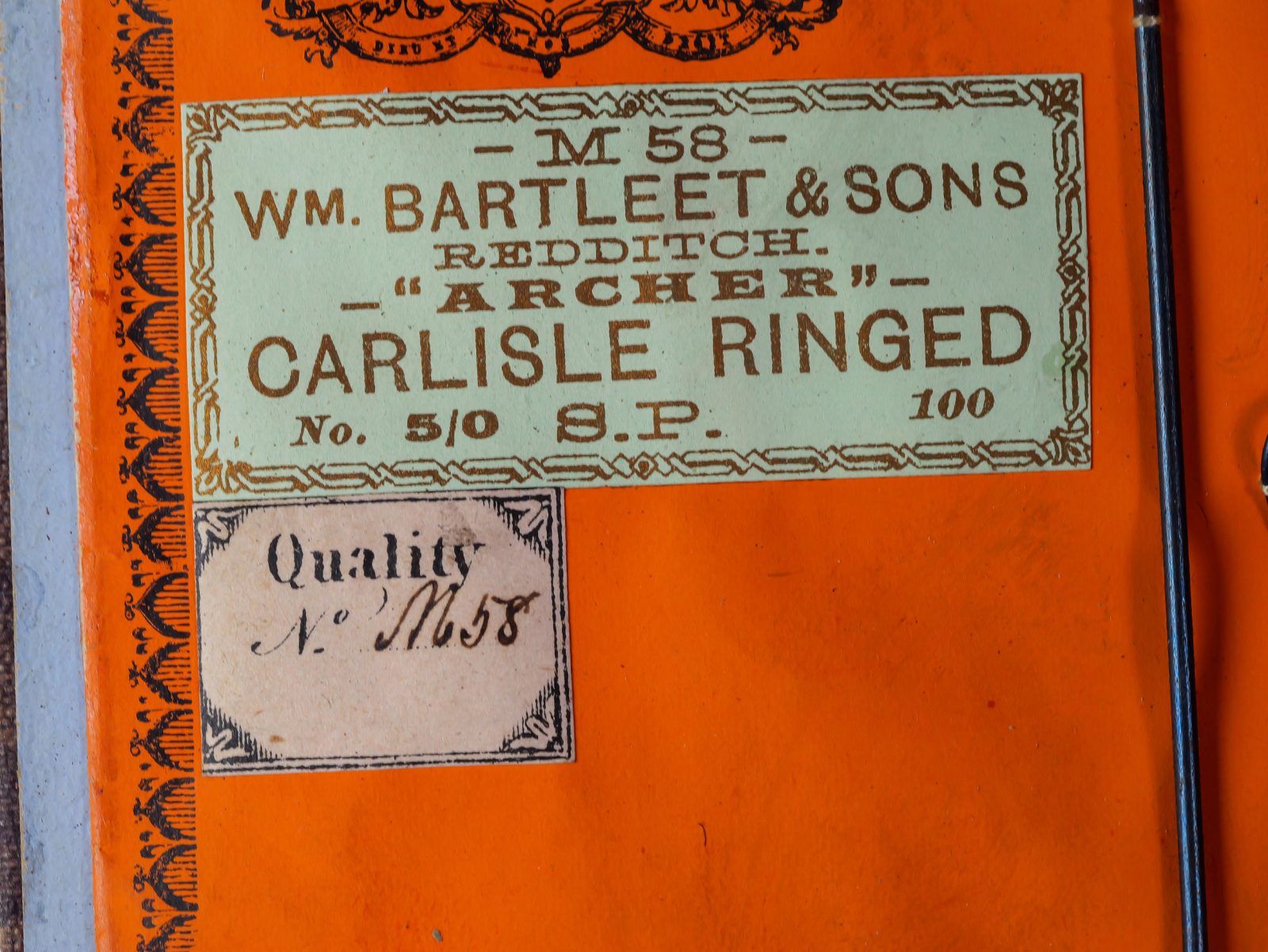 Wm. Bartleet & Sons M58 label and packaging details — cream colored printed label showing model code, maker name, Archer trademark, pattern name, size notation, and quantity