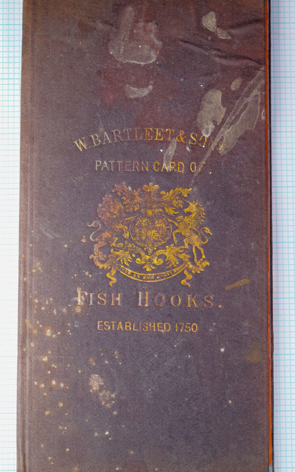 Wm. Bartleet & Sons Pattern Card back cover — burgundy cloth binding showing company name, 'Pattern Card of,' embossed Archer crest, and 'Fish Hooks' designation with 'Established 1750' marking