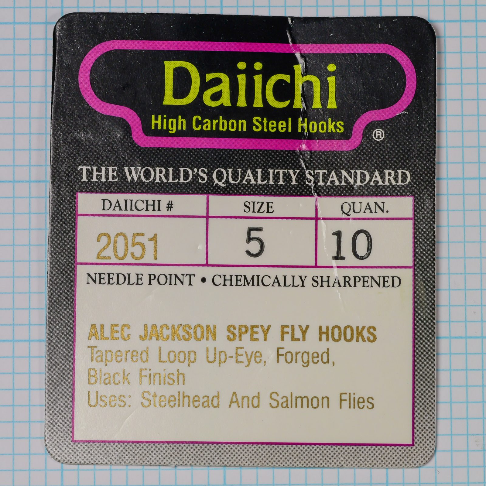 Daiichi 2051 — clamshell card variant, size 5 ten-pack — specifications table, Alec Jackson endorsement, Spey fly hook details