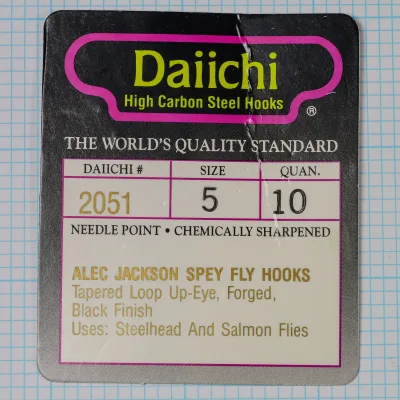 Daiichi 2051 — clamshell card variant, size 5 ten-pack — specifications table, Alec Jackson endorsement, Spey fly hook details