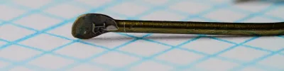 John James & Sons 3819 Kirby Flatted — flatted eye detail showing 'B' stamp — size 6 — bronzed finish