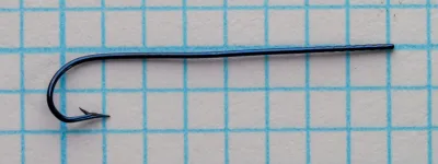 Blued Mustad 3202 Carlisle hook size 16 dorsal view, fine point downward