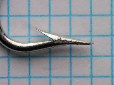 Mustad 3227 A Virginia Hook — point and barb detail — size No. 5 — showing superior point style and tinned finish