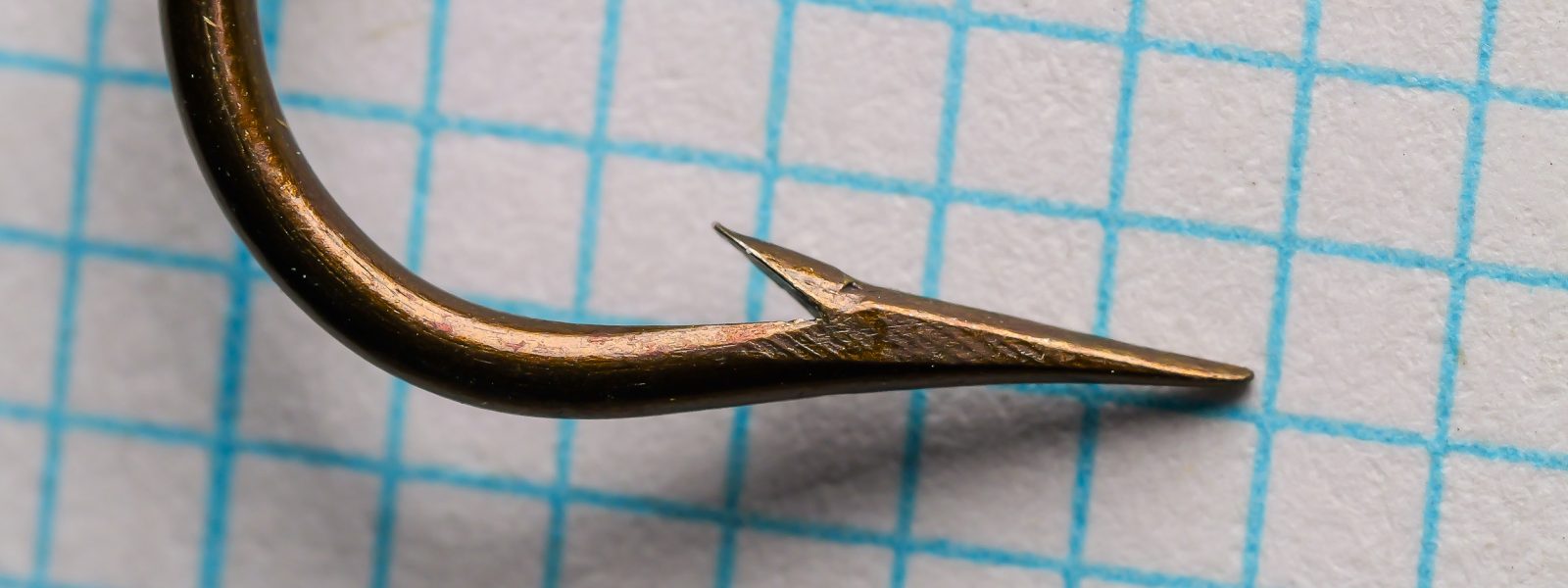 Mustad 3305 Cincinnati Bass Hook — barb and point detail — size 17 — hollow point geometry side view