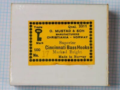 Mustad 3311 Cincinnati Bass Hook — original mustard-yellow box label with Christiania address — No. 17 — complete 100-hook package