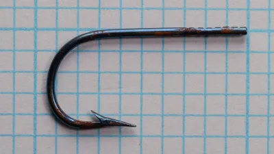 Mustad 3480 Hook — full profile view showing blind eye, marked shank, sproat bend, and long shank — size 1 — on measurement grid