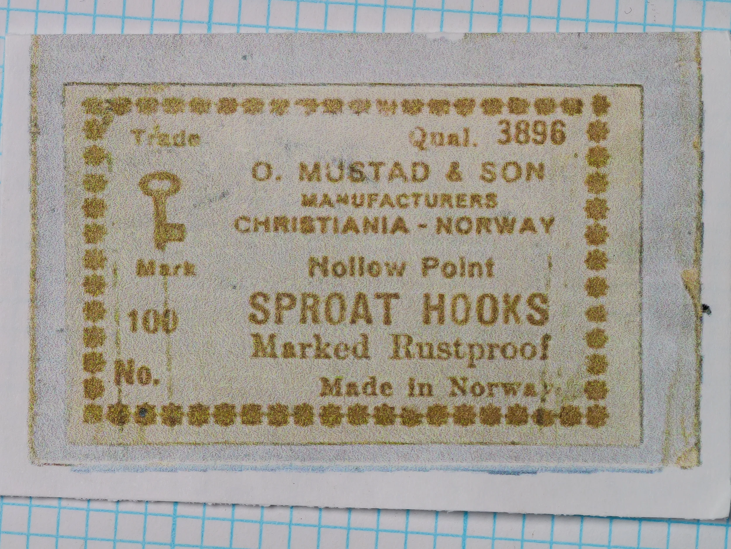 Mustad Qual. 3896 Sproat original label — full eight-line typographic specification