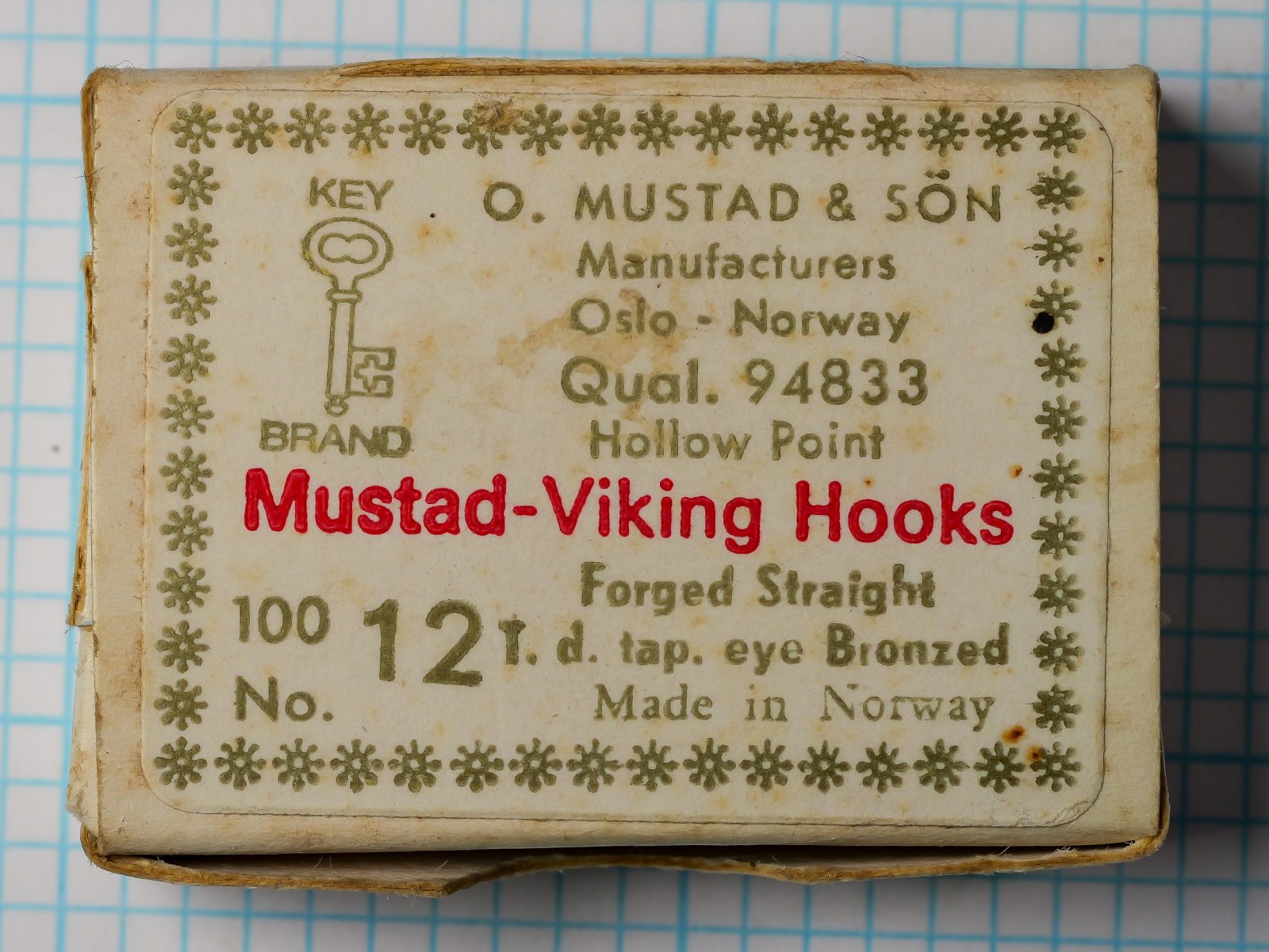 Mustad 94833 original packaging — sales card with eight-line label — size 12 — Oslo Norway address