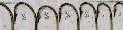 Pflueger Carlisle 3321 hooks — size progression detail showing sizes 4/0 through 2 — ringed eye construction clarity — comparative sizing — on display card