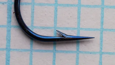 Partridge Extra Fine Wire Round Bend Blue Hook size 3 — side profile showing smooth sproat bend, point geometry, and blue japanned finish — on measurement grid