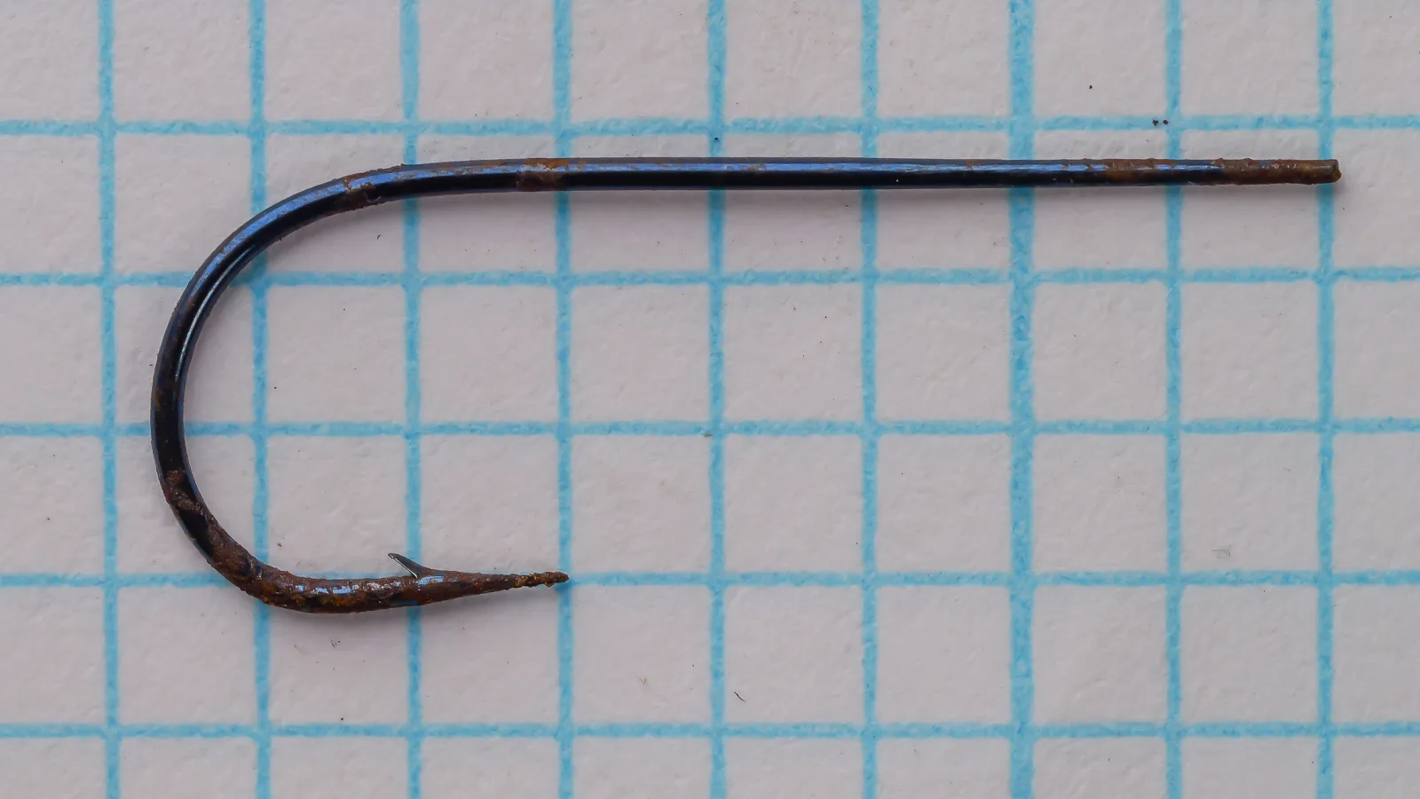 Partridge Round-Bend Extra-Fine Wire — overhead view of hook showing bend profile and tapered blind eye — size 6 — blued finish
