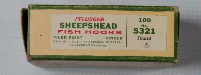 Pflueger Sheepshead Fish Hooks — original cardboard box No. 5321, size 5, tinned finish, filed point ringed, Made in USA, two-color letterpress label, cream stock with green and red typography