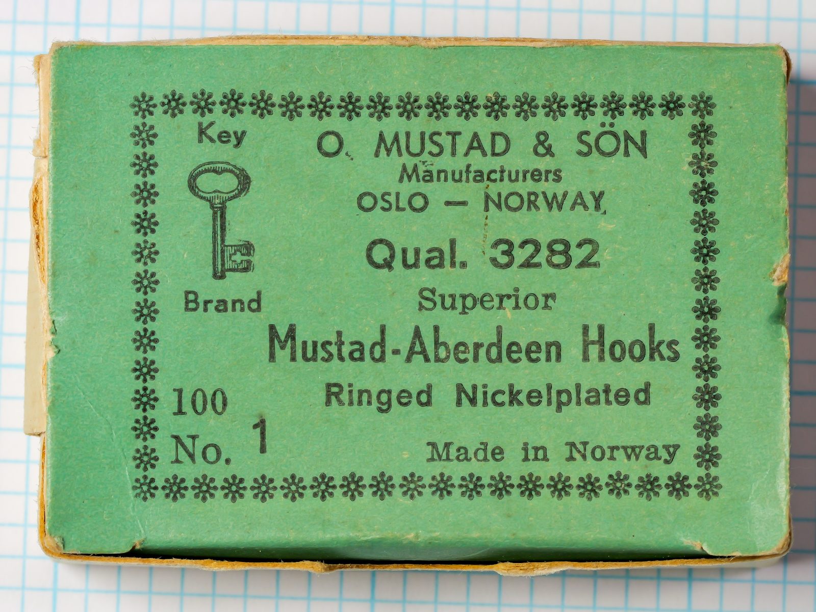 Mustad 3282 Aberdeen — original Key Brand green cardboard box — size No. 1 — showing manufacturer details and asterisk border