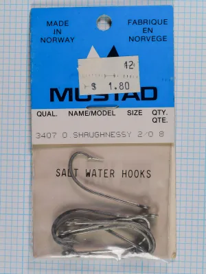 Mustad 3407 — multiple hooks size 2/0 — showing construction consistency and tinned finish — stored in salt water hooks envelope