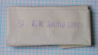 Partridge F.W. Round Taper — hand-stamped packaging — size No. 9 — off-white box with purple/blue stamp
