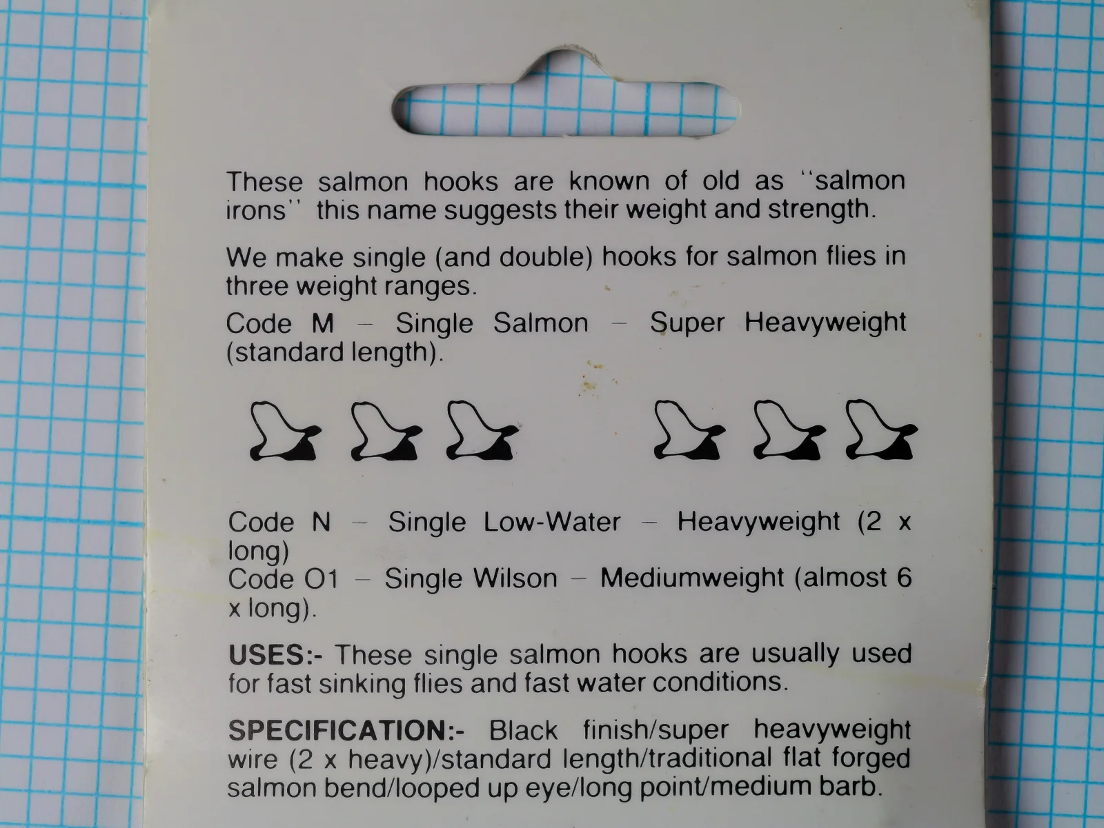 Printed back of a Partridge single salmon hook card describing Codes M, N and O1