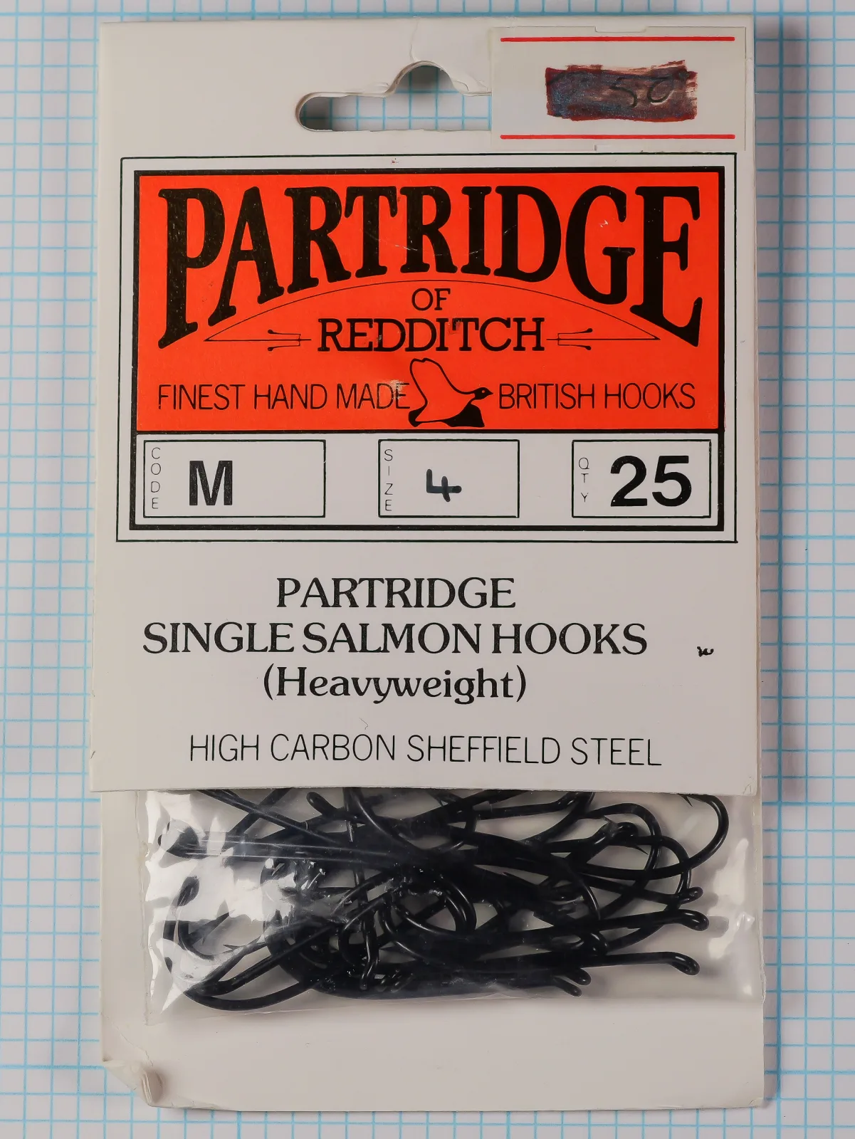 Partridge of Redditch card of Code M single salmon hooks, heavyweight, size 4, quantity 25