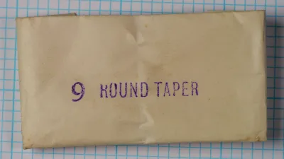 Partridge Round Taper Size 9 — original cream box with hand-stamped '9 ROUND TAPER' marking