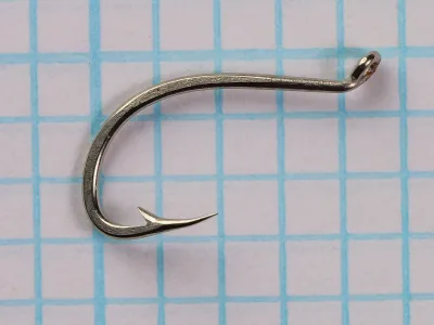Partridge Steelhead Hook, sproat bend, polished finish, side view showing eye and point geometry