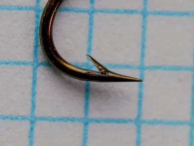 Partridge Trout Taper Size 6 — barb and point detail — superior point geometry — bronzed finish — close-up
