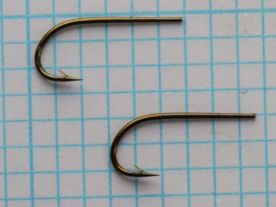 Partridge Trout Taper Size 6 — two hooks on measurement grid — full view — bronzed finish comparison