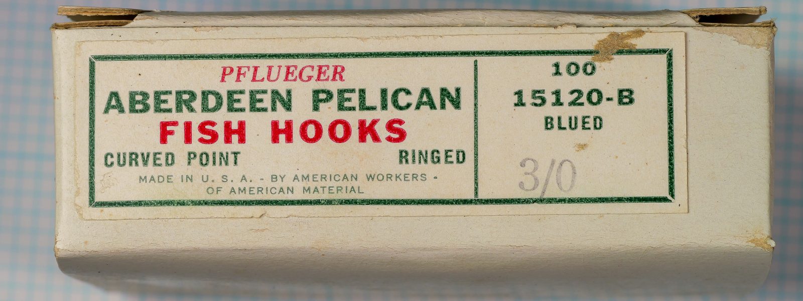 Pflueger 15120-B Box Side Panel — Product label with specifications — Size 3/0 — 100-hook count blued Aberdeen Pelican