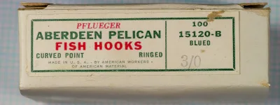 Pflueger 15120-B Box Side Panel — Product label with specifications — Size 3/0 — 100-hook count blued Aberdeen Pelican