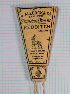 S. Allcock 4555B Package Front — manufacturer name, Standard Works location, stag trademark, and 'REDDITCH ENGLAND' printed