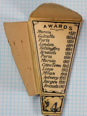 S. Allcock 4555B Internal Envelope — award list continuation showing medals from 1880s-1910s printed inside