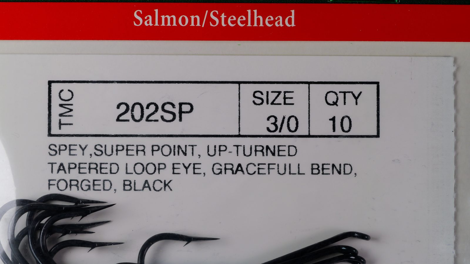 TMC 202SP packaging detail card — printed specification box with model code, size, and quantity information — size 3/0, 10-hook pack — japanned black finish
