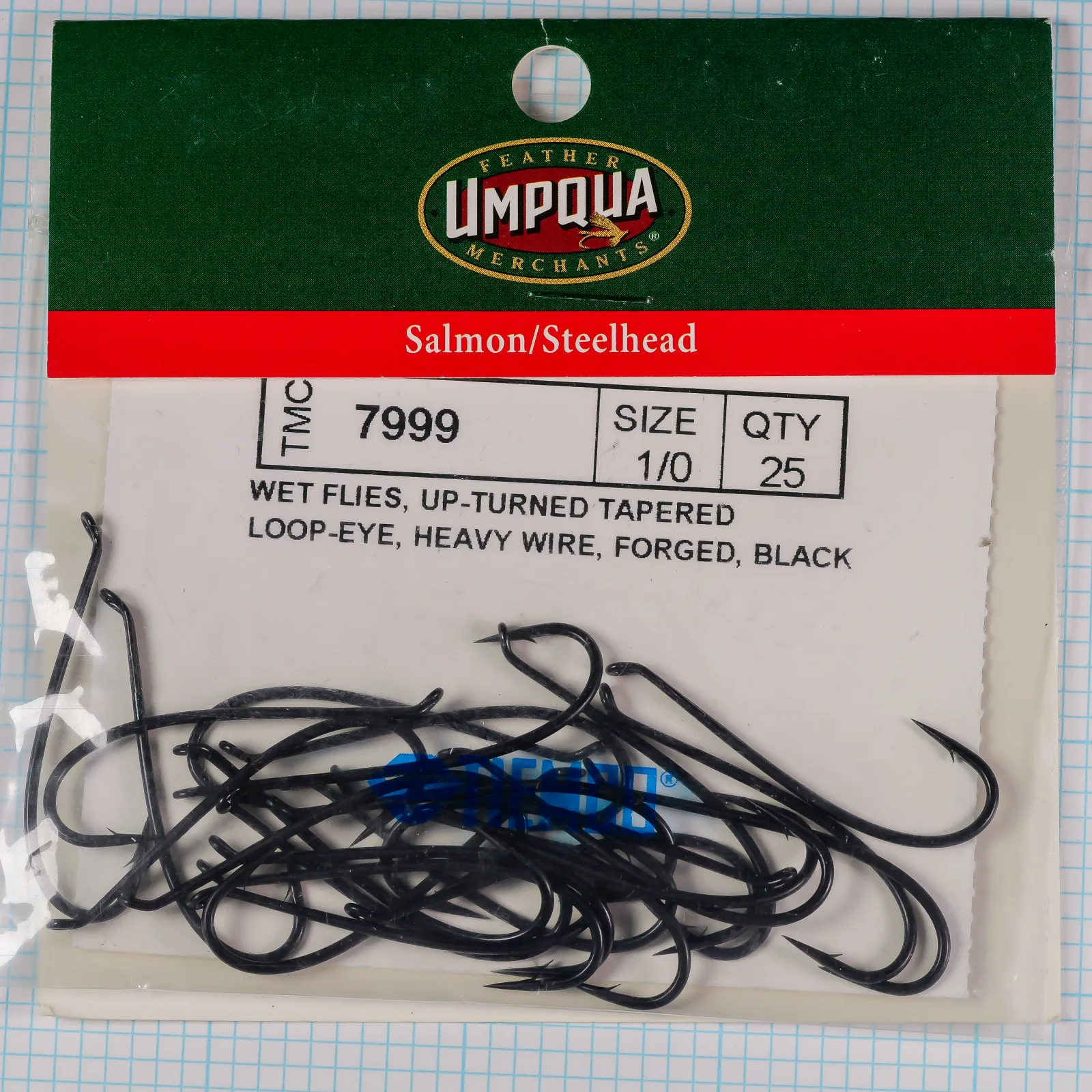 Tiemco TMC 7999 Wet Fly Hook — sales card with 25 black japanned hooks in plastic envelope — size 2/0 — front packaging showing Umpqua Feather Merchants branding