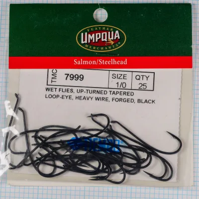 Tiemco TMC 7999 Wet Fly Hook — sales card with 25 black japanned hooks in plastic envelope — size 2/0 — front packaging showing Umpqua Feather Merchants branding