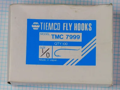 Tiemco TMC 7999 Manufacturer Box — blue and white cardboard box — size 1/0 — 100-count wholesale quantity