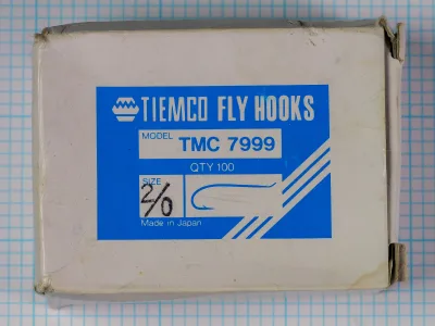 Tiemco TMC 7999 Manufacturer Box Size 2/0 — blue and white cardboard — 100-count wholesale package