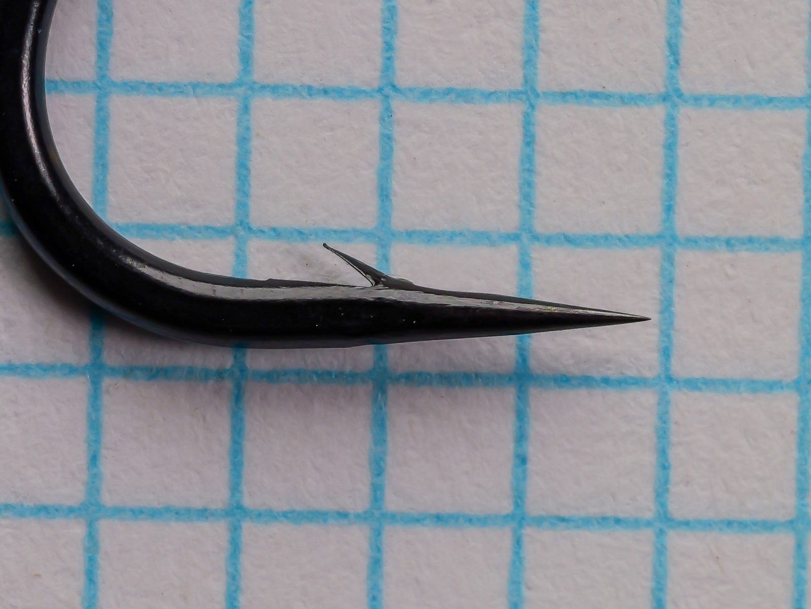 Tiemco TMC 7999 Hook Point — side profile showing hollow point geometry — size 1/0 — barb detail on 1/10-inch grid