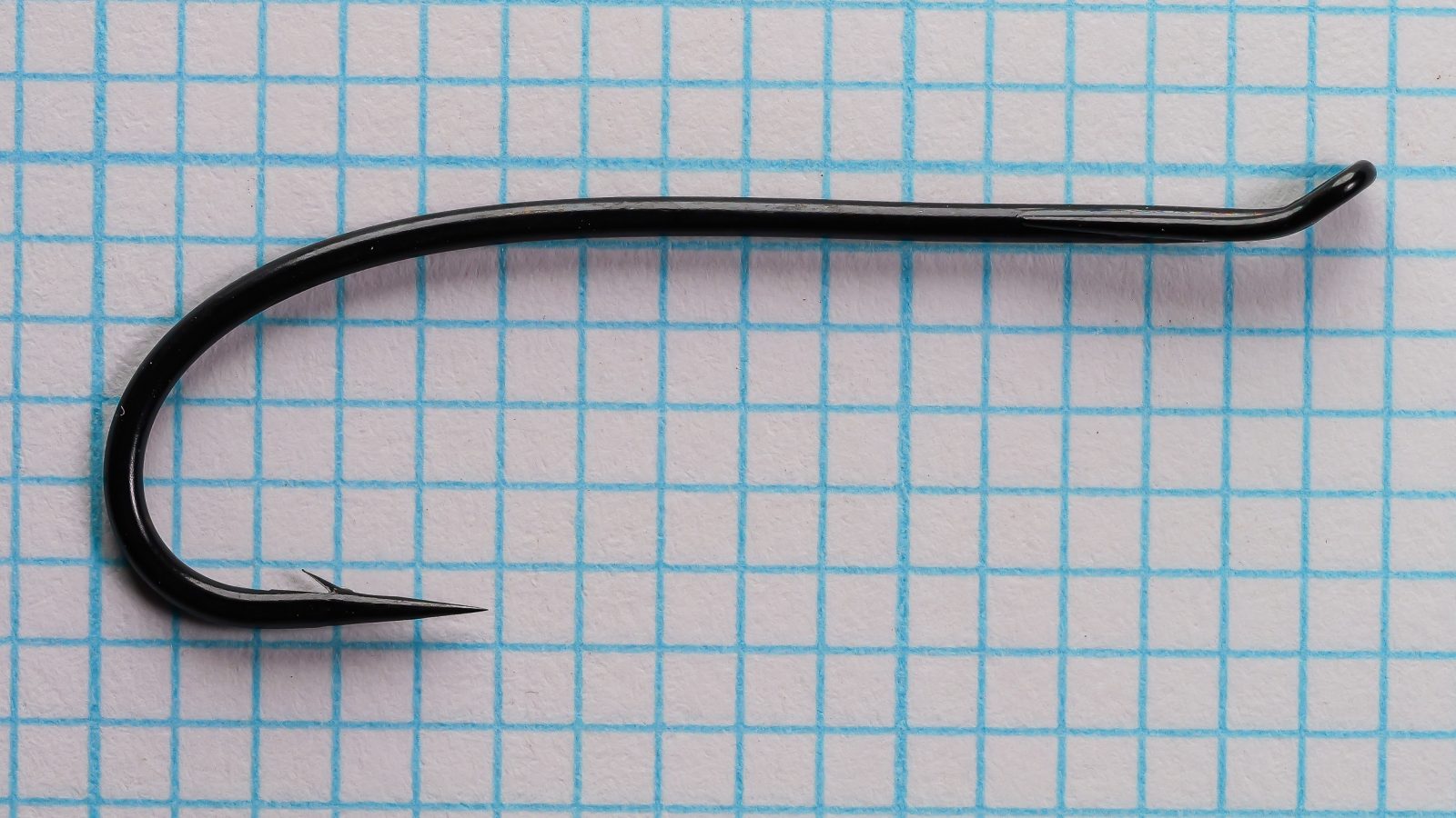 Tiemco TMC 7999 Hook Full Profile — size 1/0 — showing loop eye, shank, and bend geometry on measurement grid