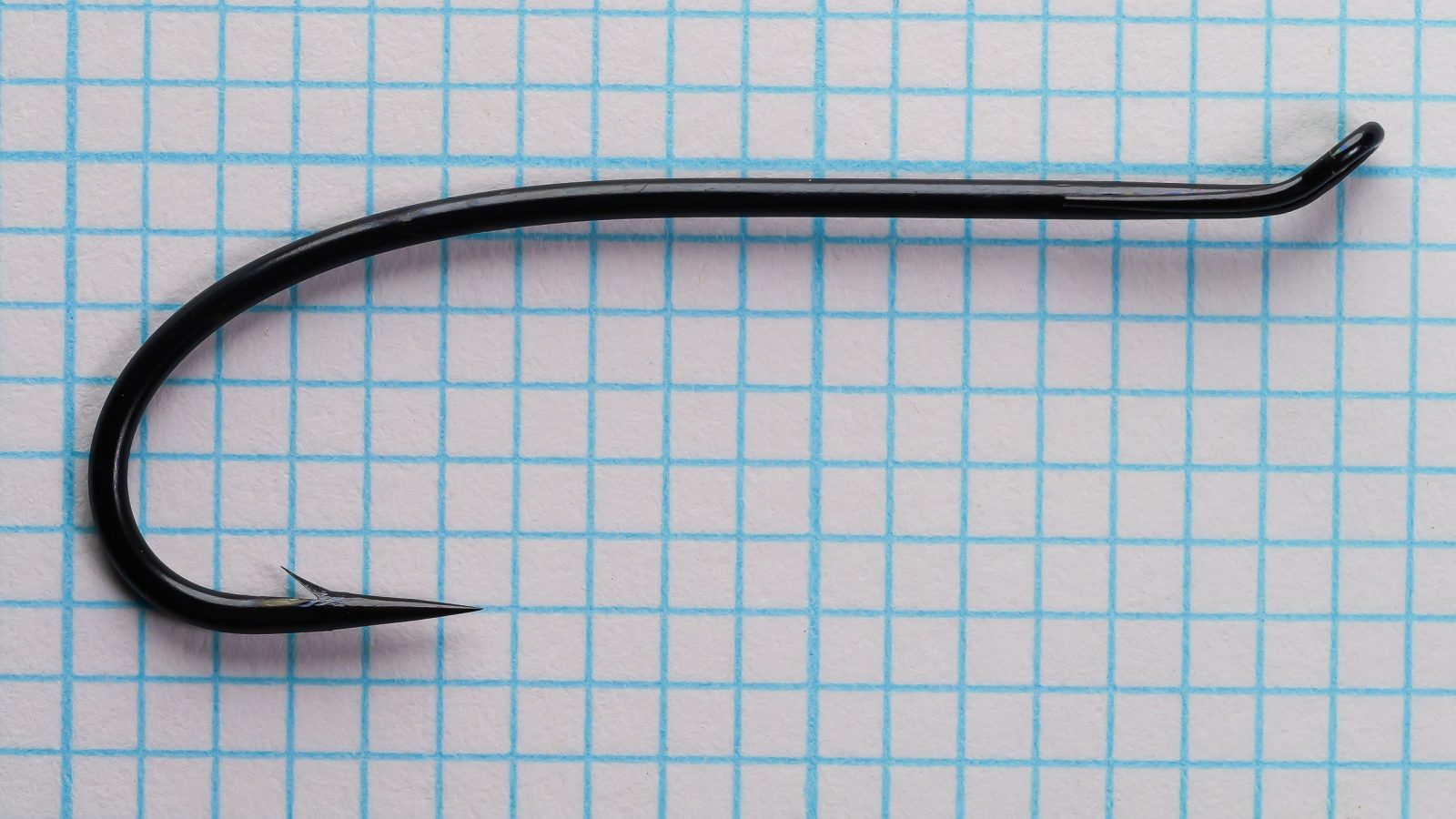 Tiemco TMC 7999 Hook Full Profile Size 2/0 — loop eye to point — showing shank and bend on measurement grid