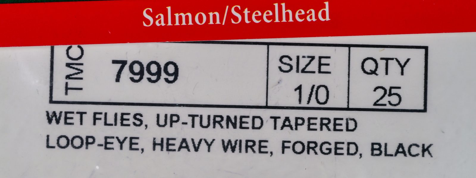 Tiemco TMC 7999 Specification Text — sales card detail — size 1/0 — printed hook specifications