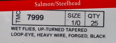 Tiemco TMC 7999 Specification Text — sales card detail — size 1/0 — printed hook specifications